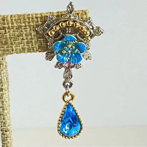 Vintage 1928 Blue Floral Drop Earrings Pink Accent Teardrop Crystal 2" - Picture 7 of 9